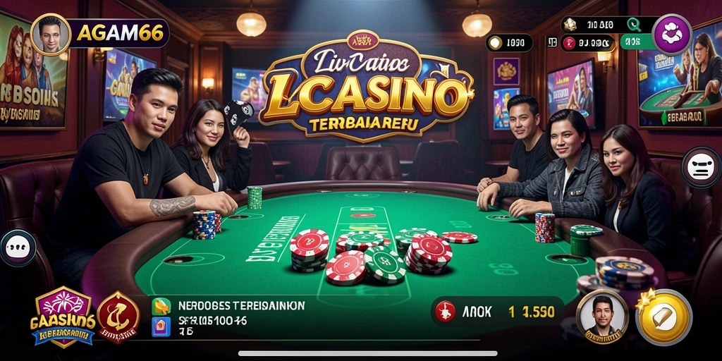 Screenshot gameplay AGAM66 yang menampilkan dealer profesional dan suasana kasino nyata.