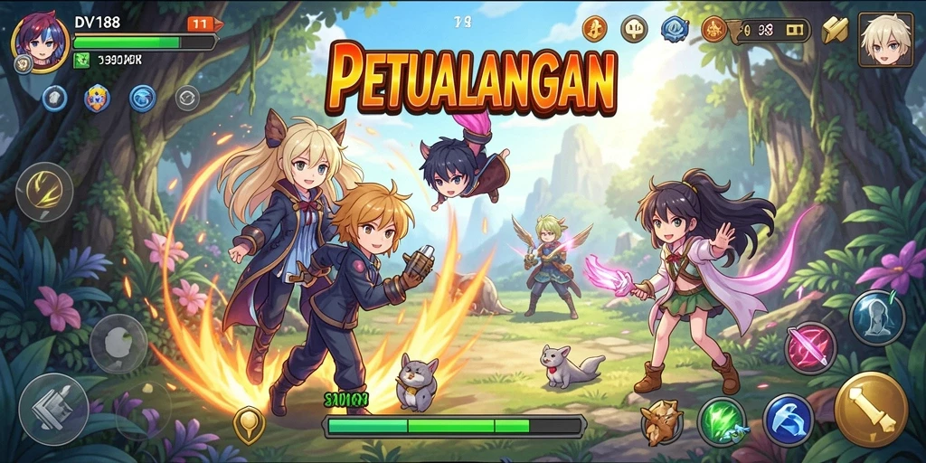 Screenshot gameplay DV188 yang menampilkan aksi anime yang mendebarkan.