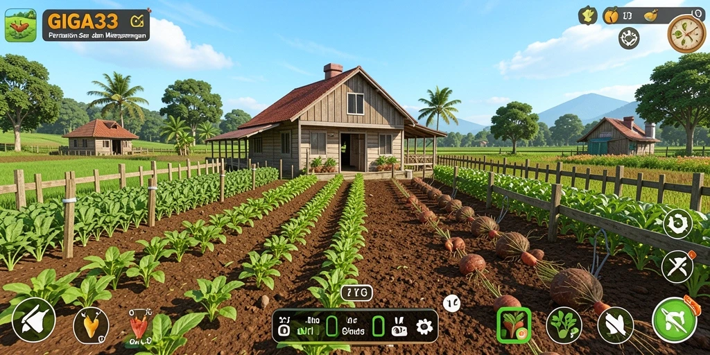 Screenshot gameplay GIGA33 yang menampilkan kebun yang indah dan tanaman subur.