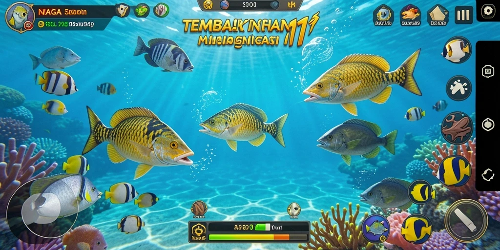Screenshot gameplay NAGA11 menampilkan aksi tembak ikan yang intens.