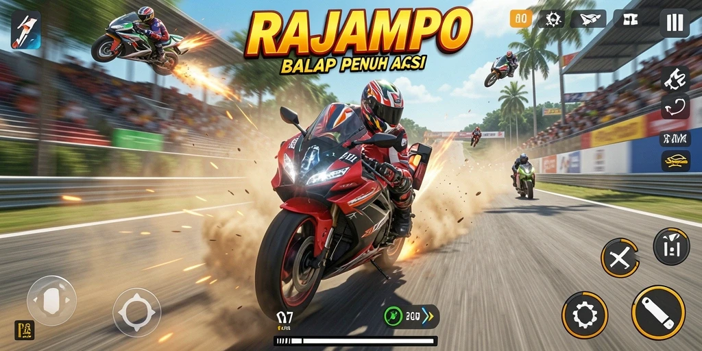 Tampilan gameplay seru dalam RAJAMPO dengan aksi balap motor yang mendebarkan.
