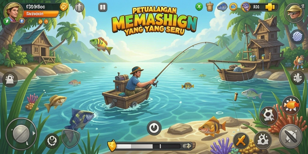 Tampilan gameplay RR89 yang mendebarkan saat memancing di danau yang indah.