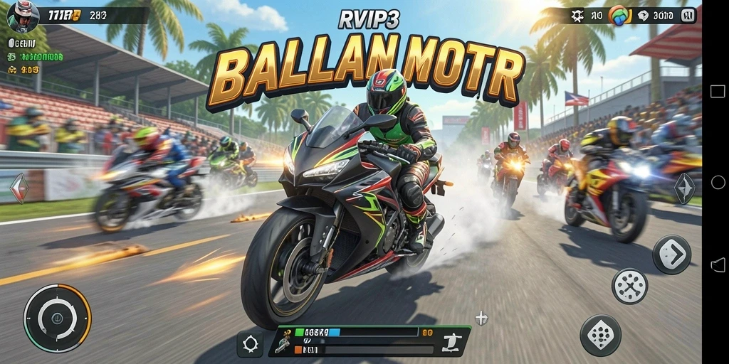 Screenshot menunjukkan aksi balapan motor yang seru dan mendebarkan.