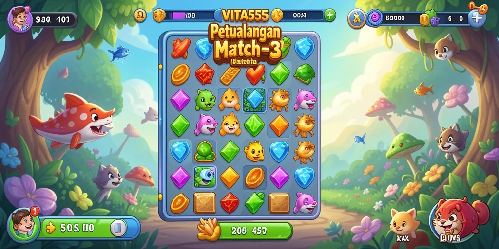 Tangkapan layar utama VITA555 menunjukkan gameplay Match-3 yang menarik.